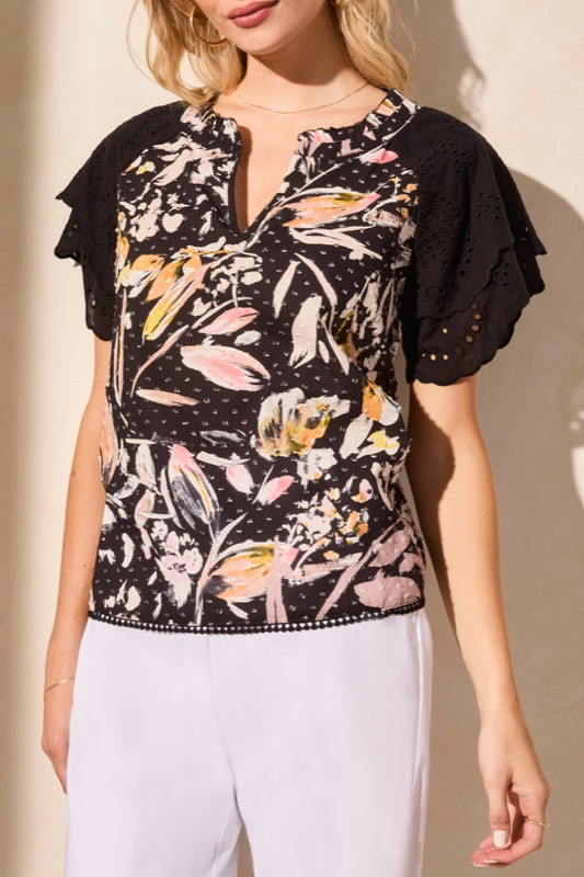 Tribal 2106O-8092 Eyelet Flutter Sleeve Blouse