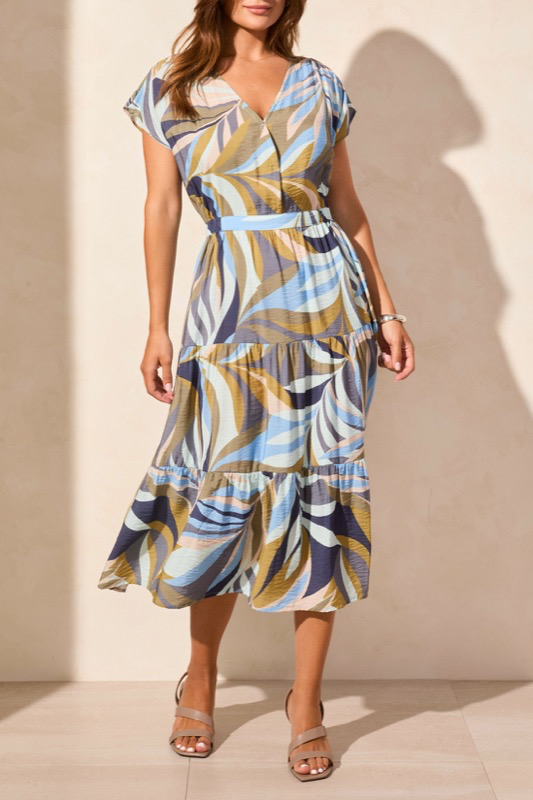 Tribal 2135O-8096 Sh Sleeve V Neck Tiered Dress